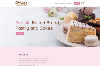 althea's homepage showing slices of cakes and other pastries on a plate