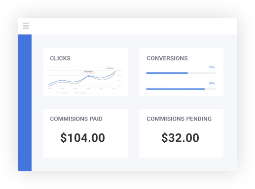 a dashboard showing graphs of clicks, conversion, and commission amount